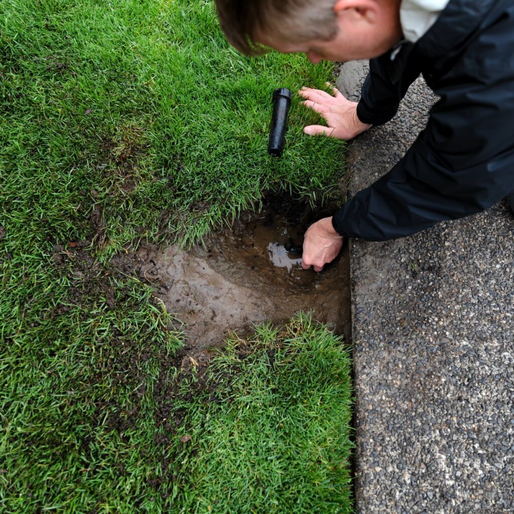 Plumber repairing leaking lawn sprinkler